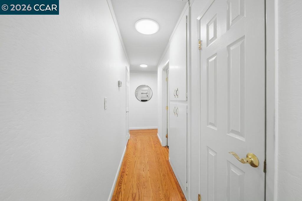 White hallway with hardwood floors, built-in cabinets, and paneled doors.