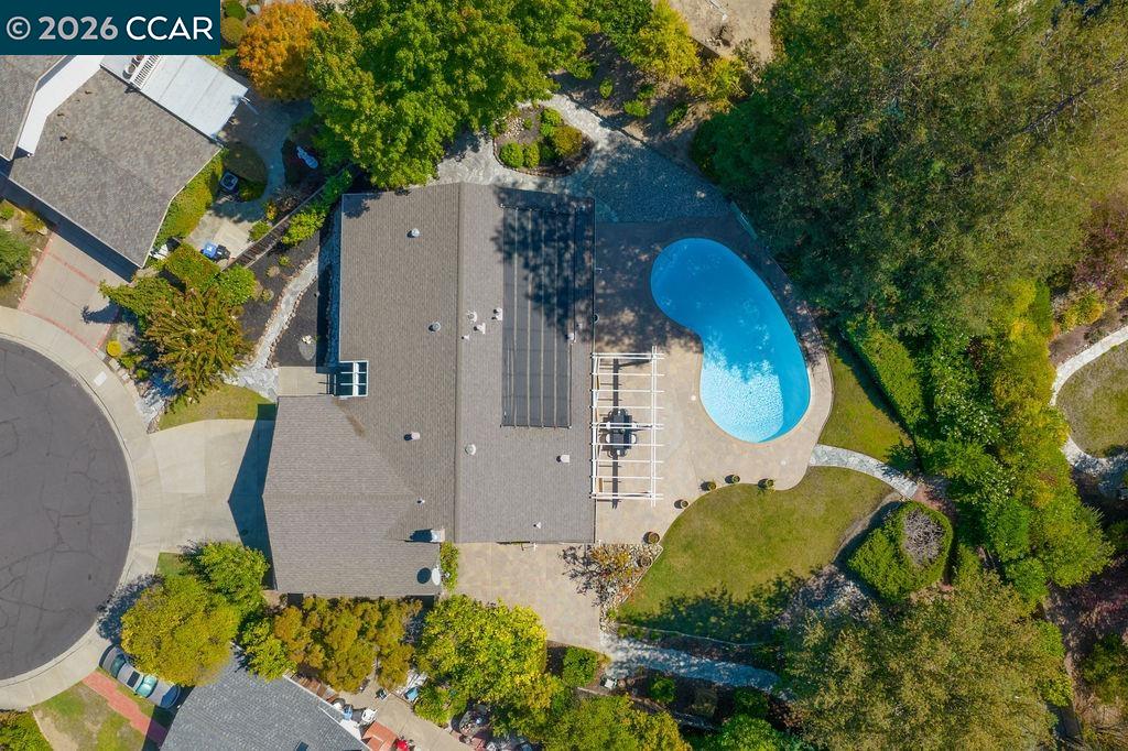 Aerial view of a home with a curved pool, solar panels, and mature trees.