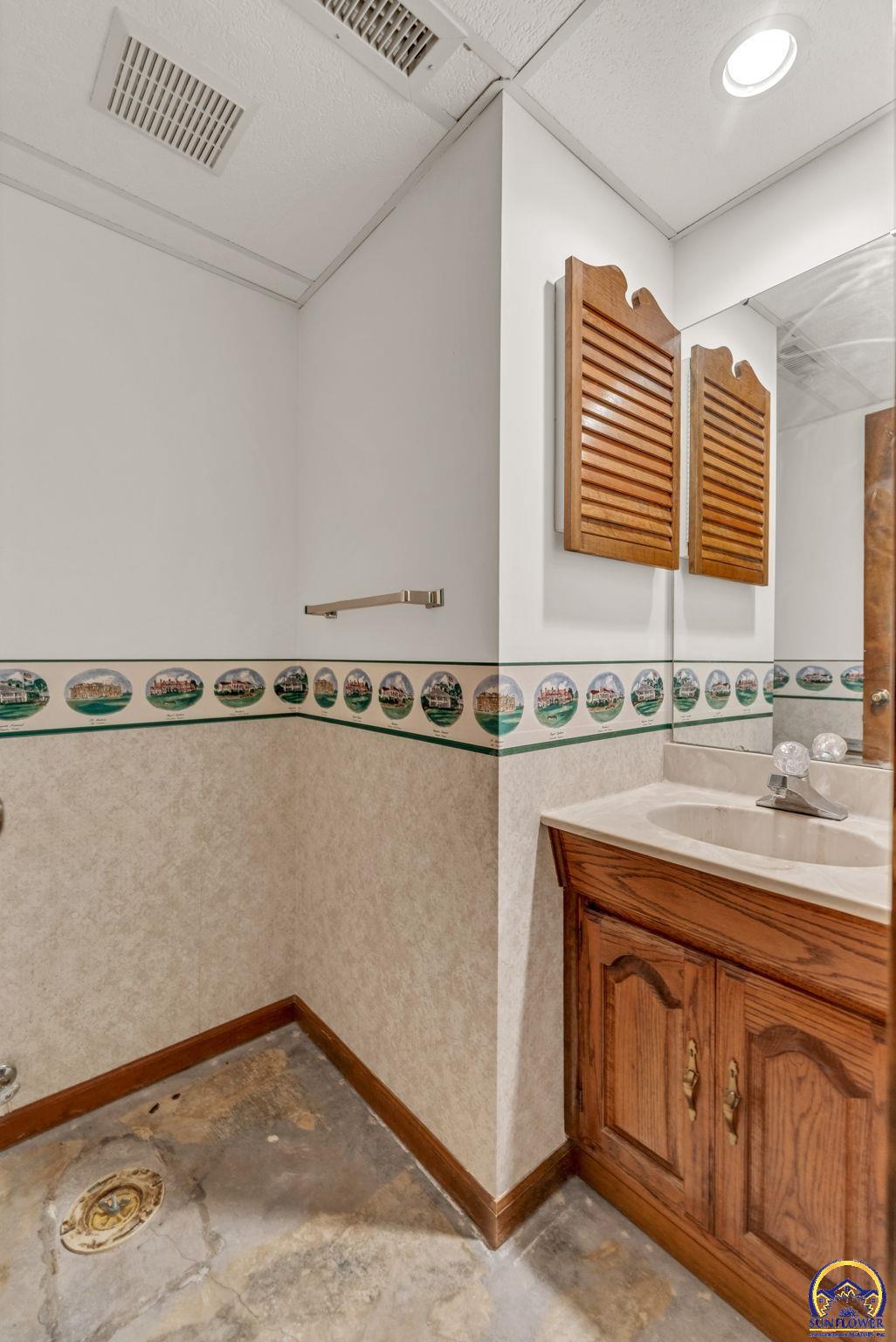 Bathroom corner with a wood vanity, mirrored cabinet, and illustrated wall border.