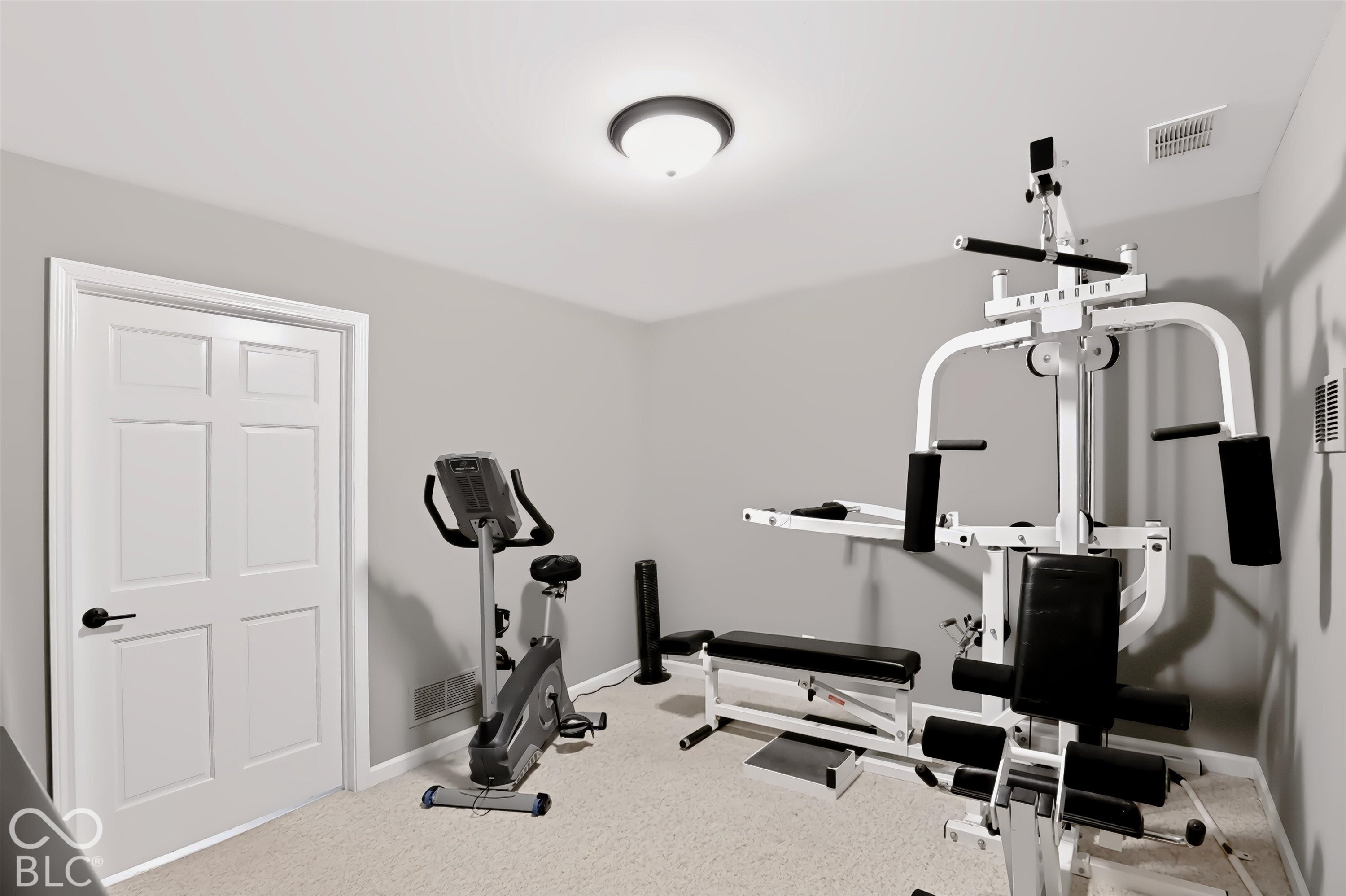 Home gym with an exercise bike and multi-station weight machine.