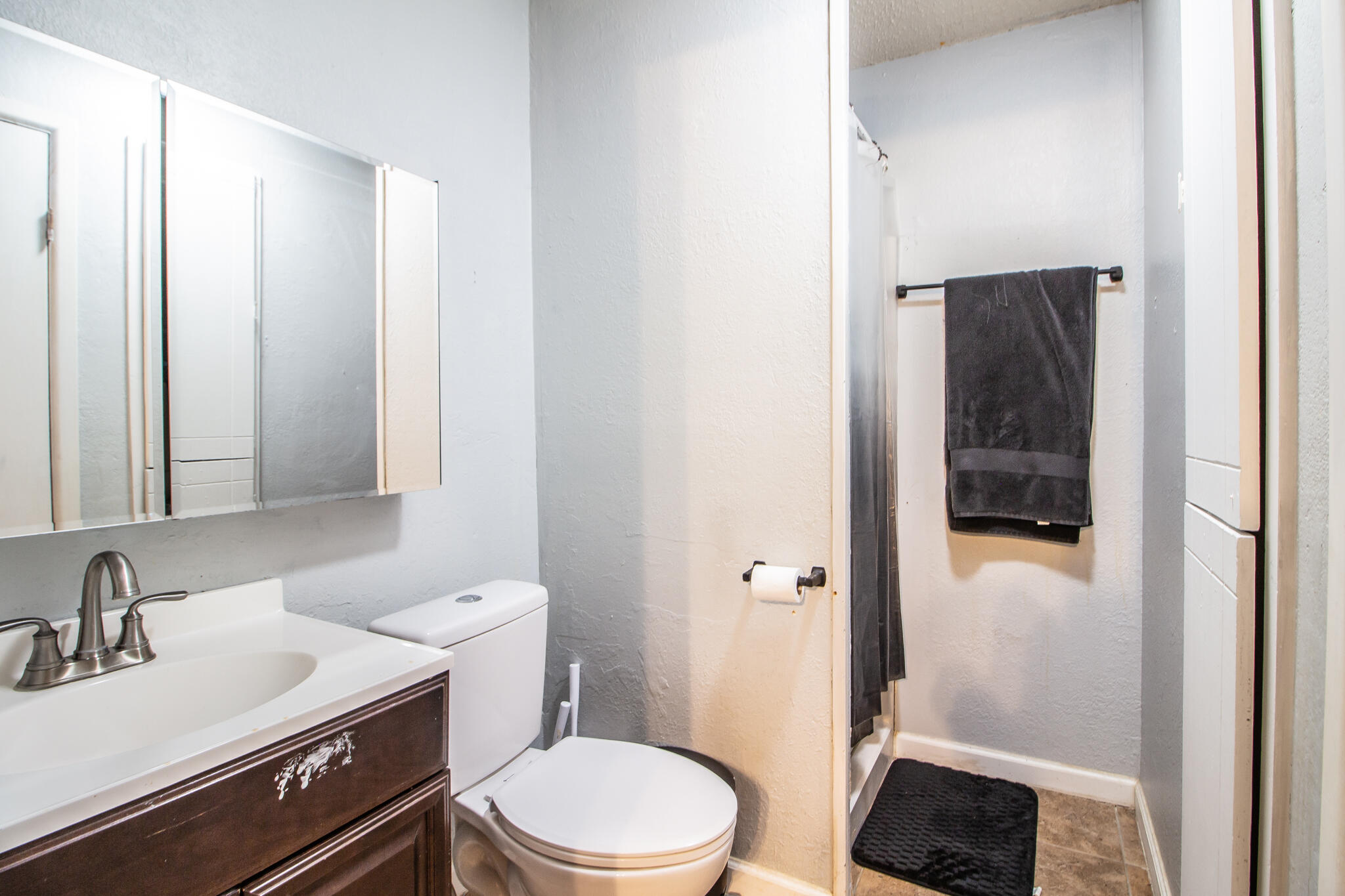 Bathroom with a mirrored cabinet, dark wood vanity, toilet, and shower area with dark towels.