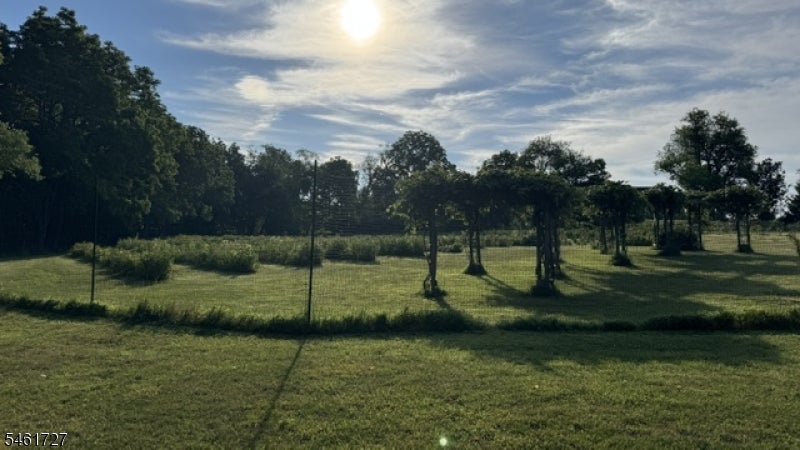 Fenced grassy grounds with mature trees and an open lawn.