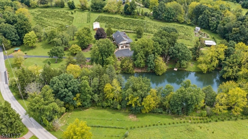 Rural property with a house, cultivated rows, open fields, and a tree-lined pond.