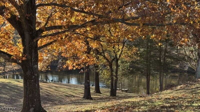 Wooded grounds slope toward a pond beneath trees with autumn foliage.
