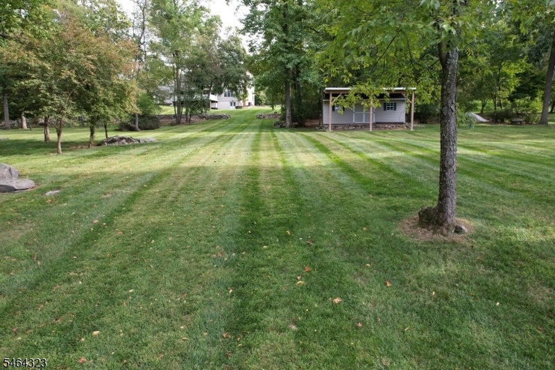 Spacious striped lawn with mature trees, a distant house, and a covered pavilion.