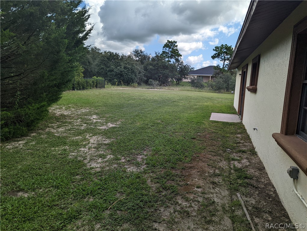 Grassy backyard beside the house, bordered by trees and a fence.