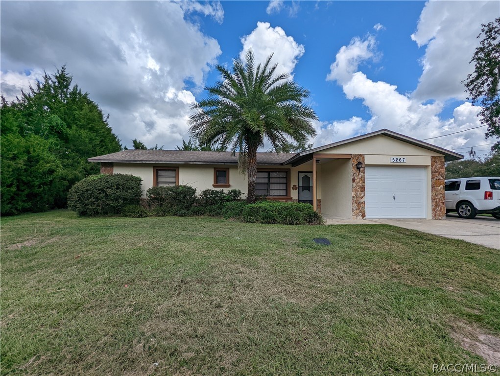 Single-story home with stone accents, a white garage door, and a tall palm tree in the front lawn.