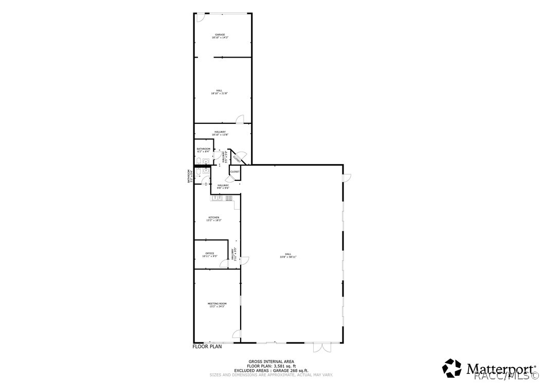 Floor plan showing a garage, kitchen, office, meeting room, bathroom, bedroom, and connecting halls.