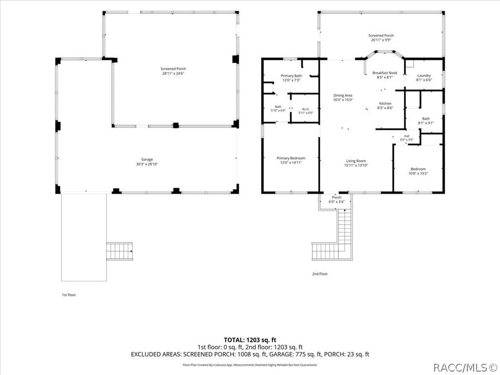 Two-level floor plan with a second-floor living area, first-floor garage, and screened porches.
