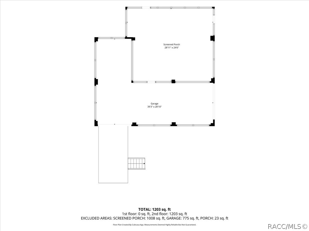 Floor plan with a large garage, screened porch, and total area of 1,203 square feet.