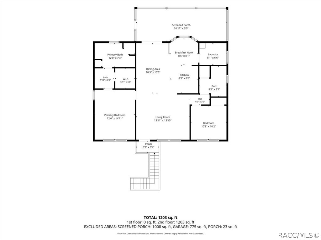 Floor plan showing two bedrooms, living and dining areas, kitchen, and a large screened porch.
