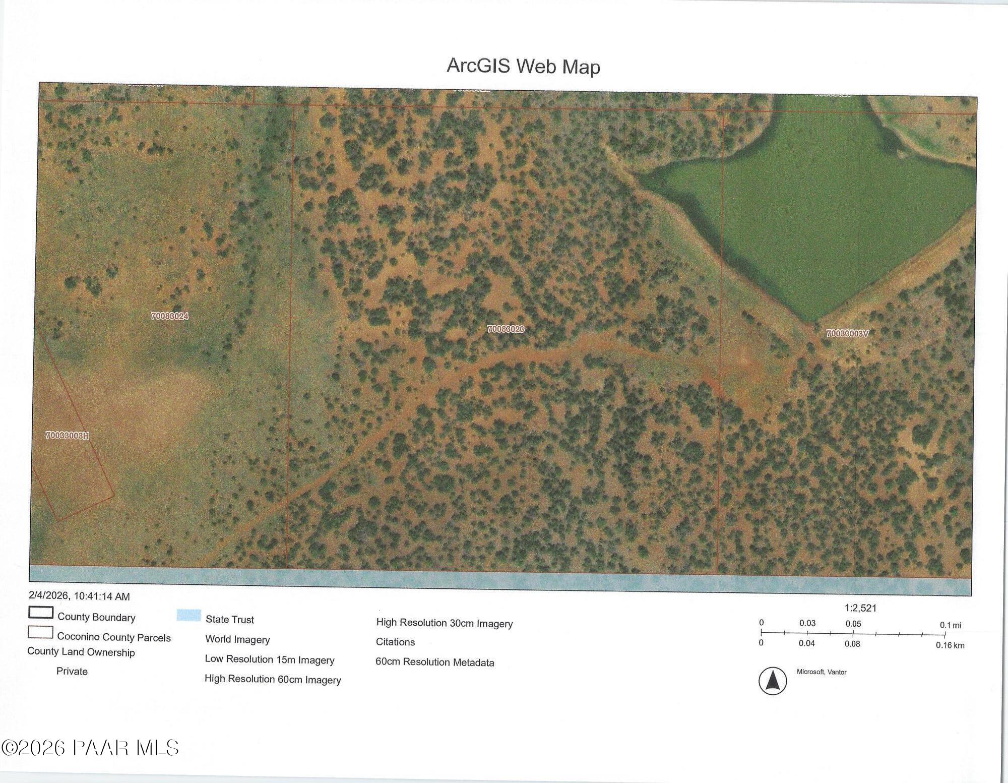 Aerial parcel map of scrubland with red boundary lines, dirt tracks, and a pond in the upper right.