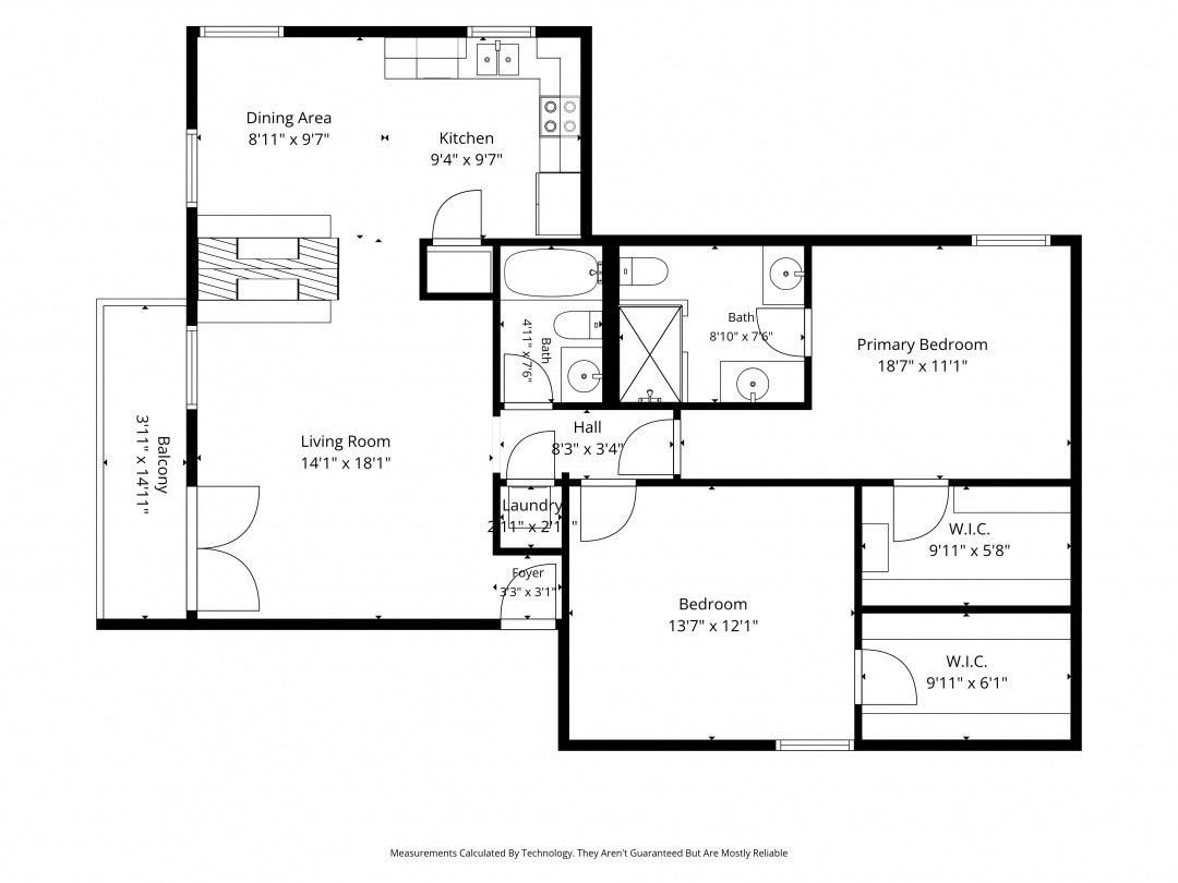 Floor plan showing two bedrooms, two baths, a balcony, and labeled room dimensions.