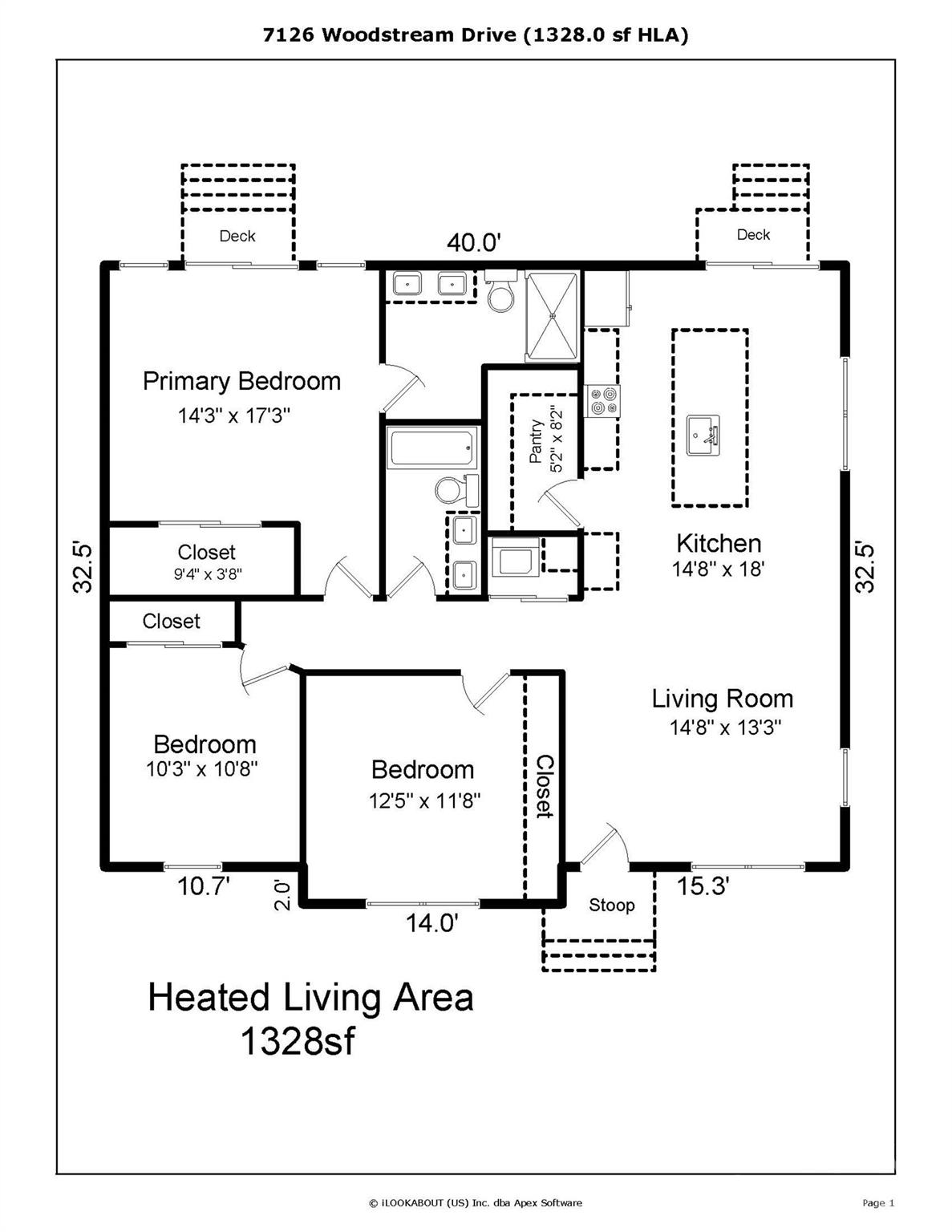 Floor plan showing a 1,328-square-foot home with three bedrooms, kitchen, living room, and two decks.