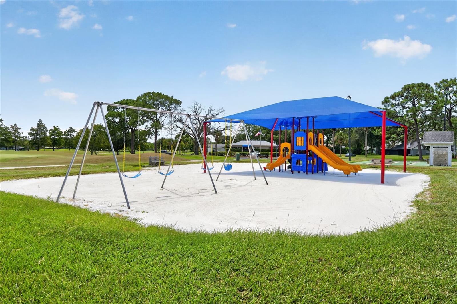 Community playground with swings and a colorful climbing structure under a blue canopy beside open grassy grounds.