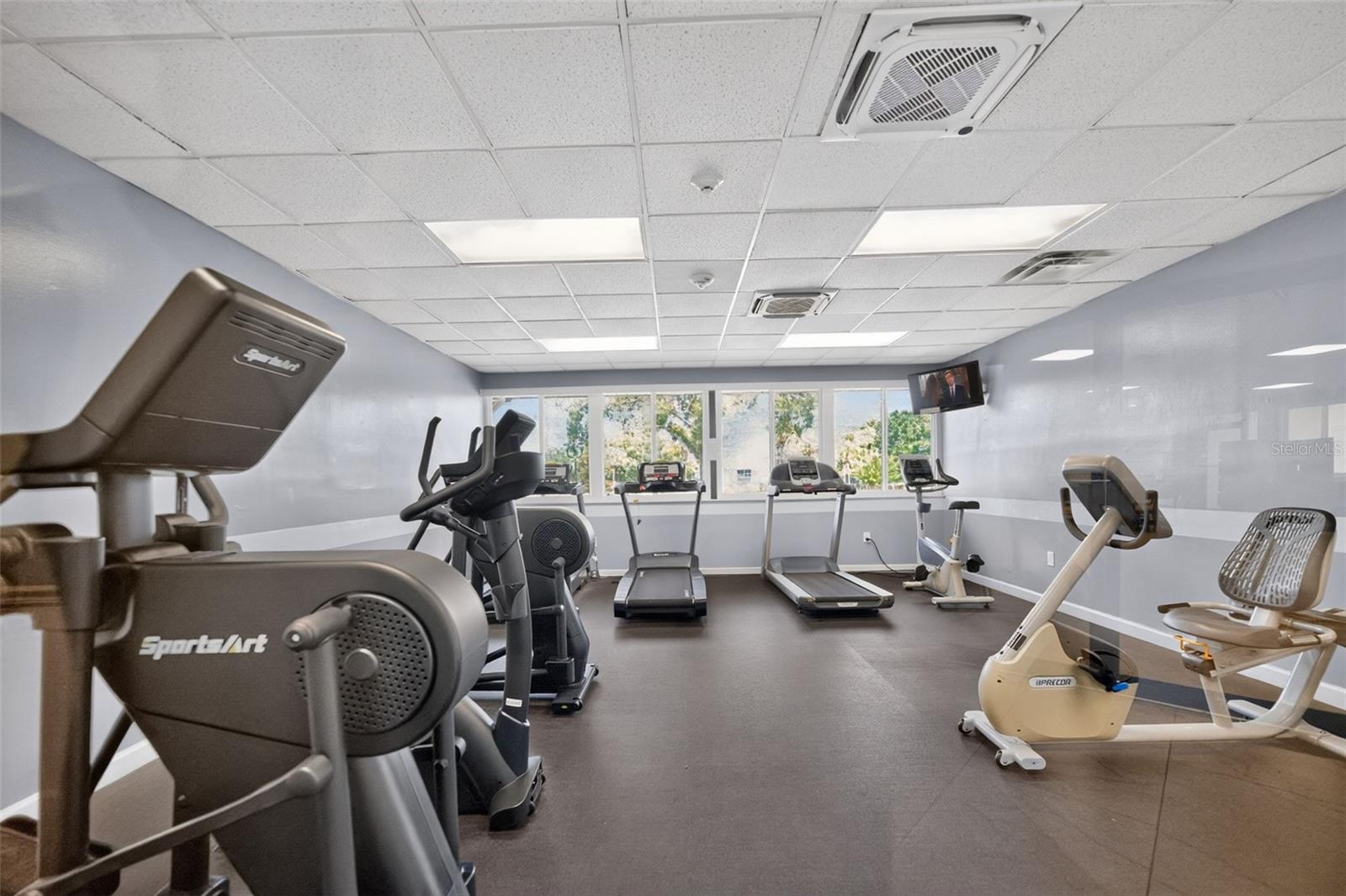 Fitness room with treadmills, elliptical machines, and exercise bikes beside a row of windows.