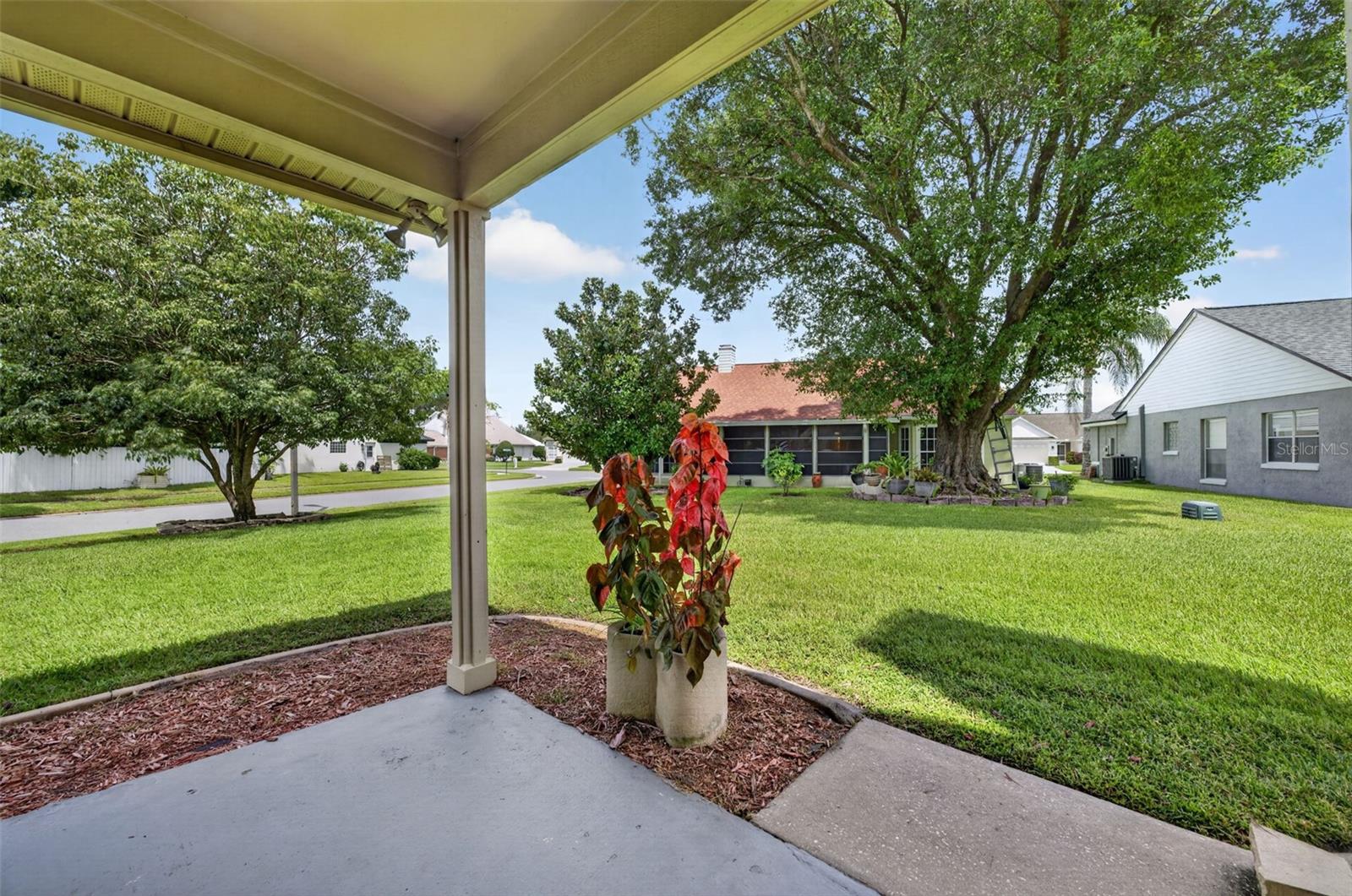 Covered patio overlooking a grassy backyard with mature trees and potted plants.