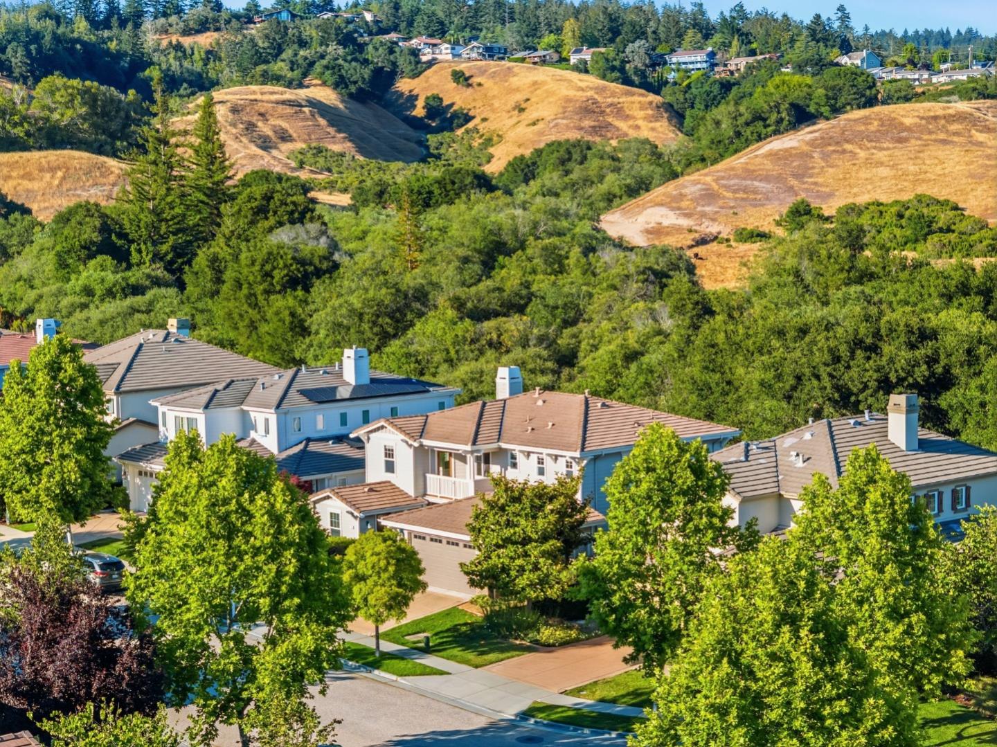 Scotts Valley neighborhood homes below wooded hills and dry golden slopes.