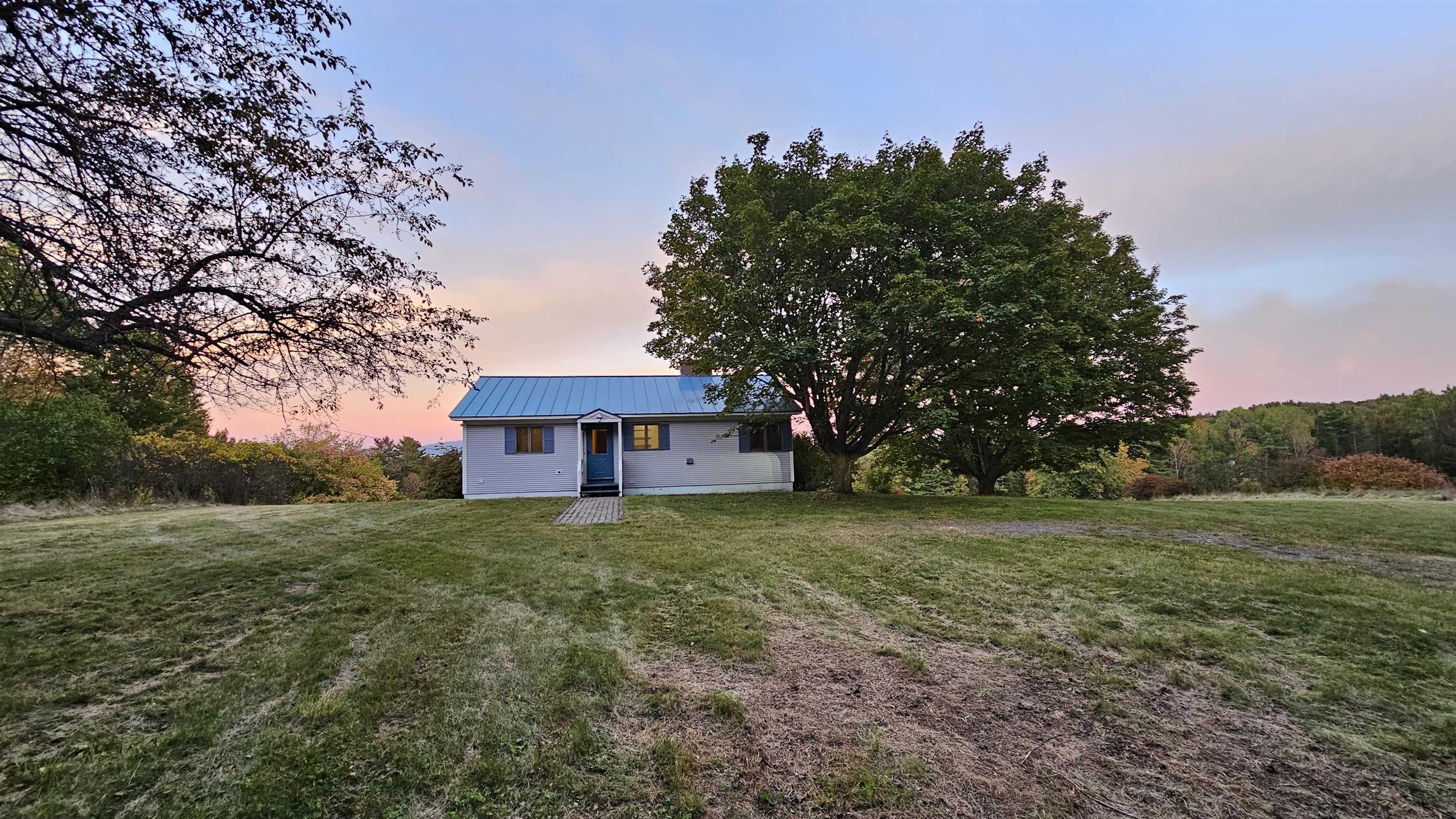 Single-story house with a blue metal roof and front door in a grassy clearing at dusk.