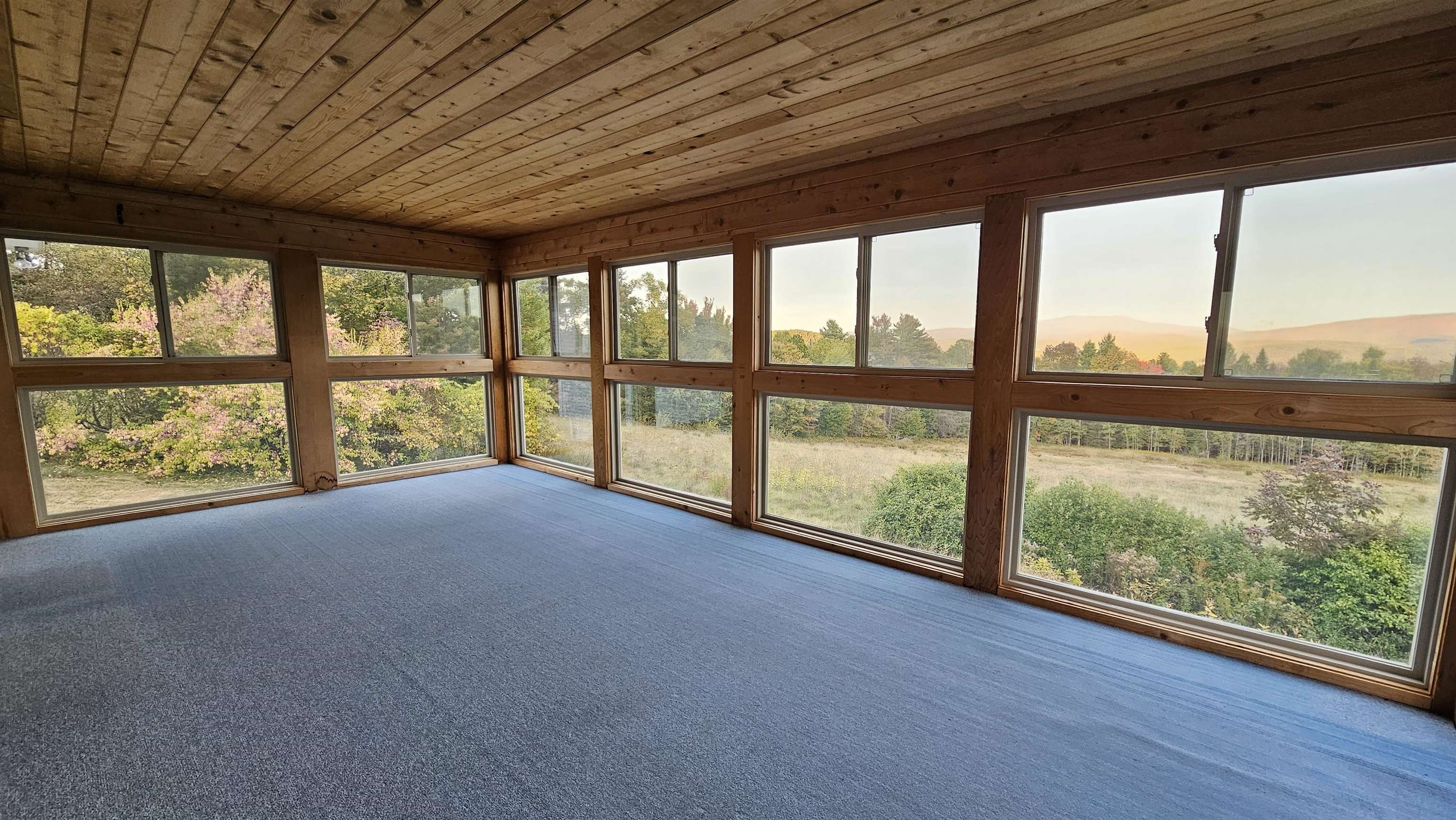 Carpeted sunroom with a wood ceiling and panoramic windows overlooking a meadow and distant hills.