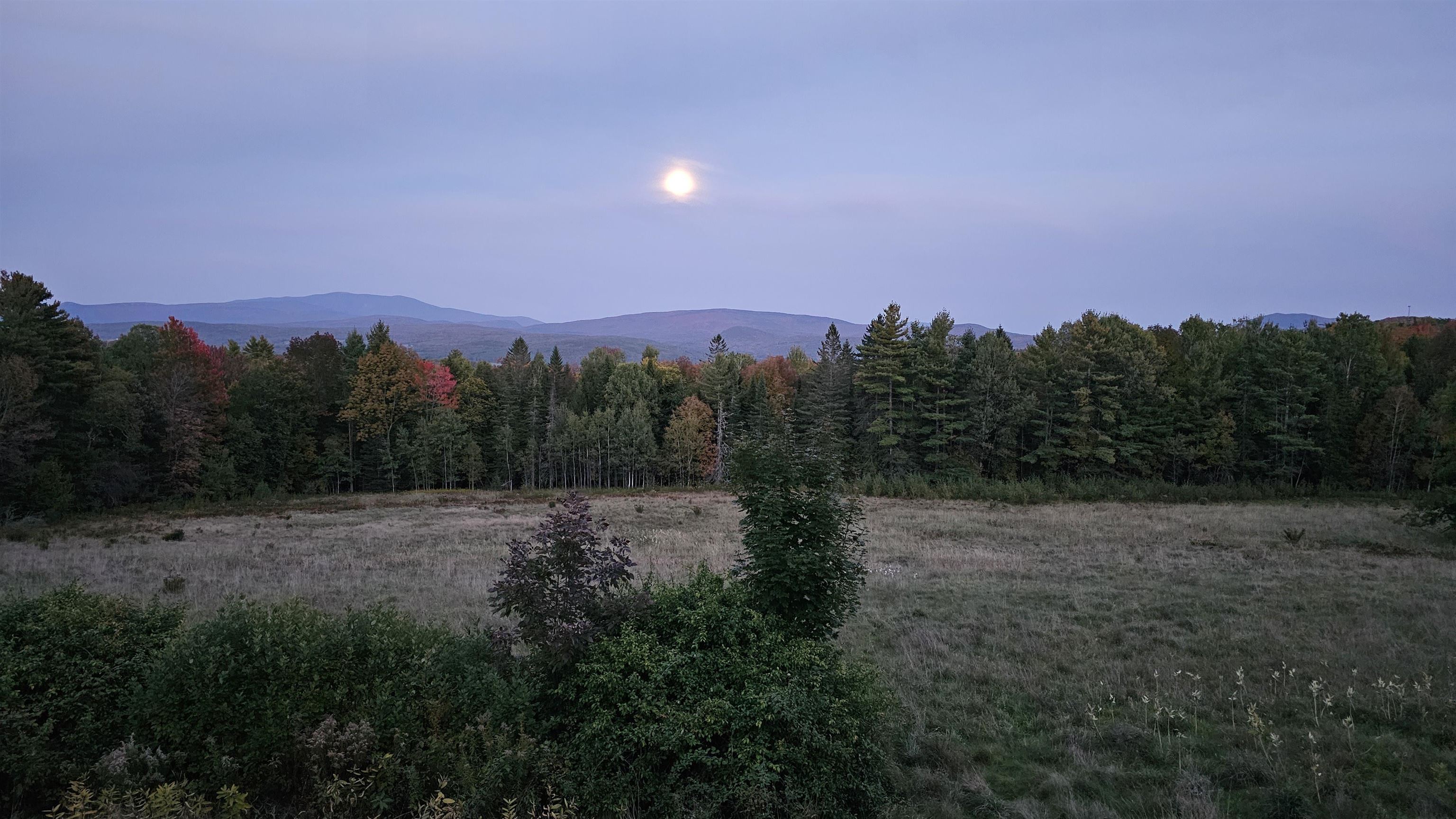 Grassy field and autumn woodland overlook distant mountain ridges beneath a bright moon.