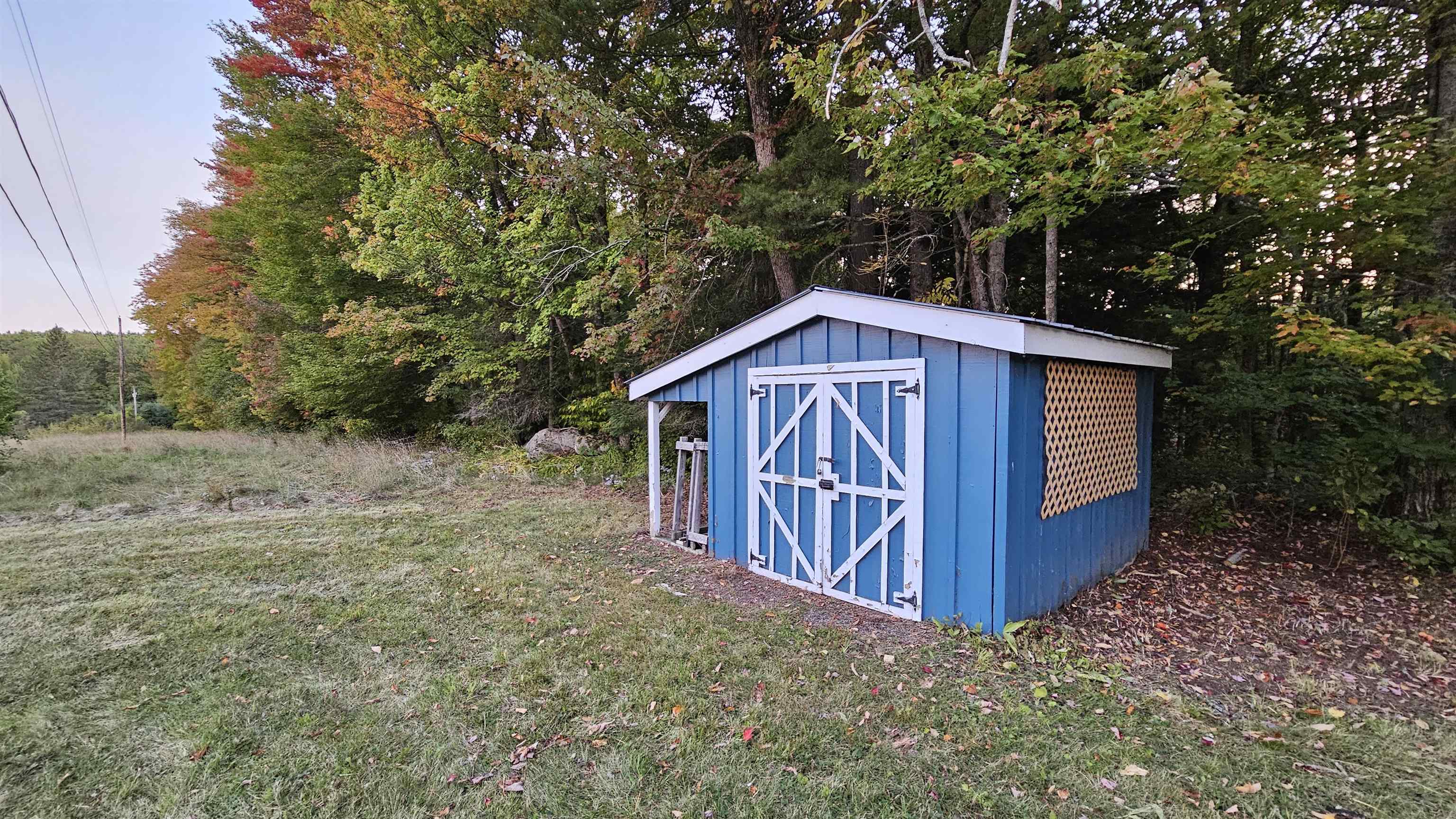 Blue storage shed with white barn doors and a lattice side panel beside autumn woods.
