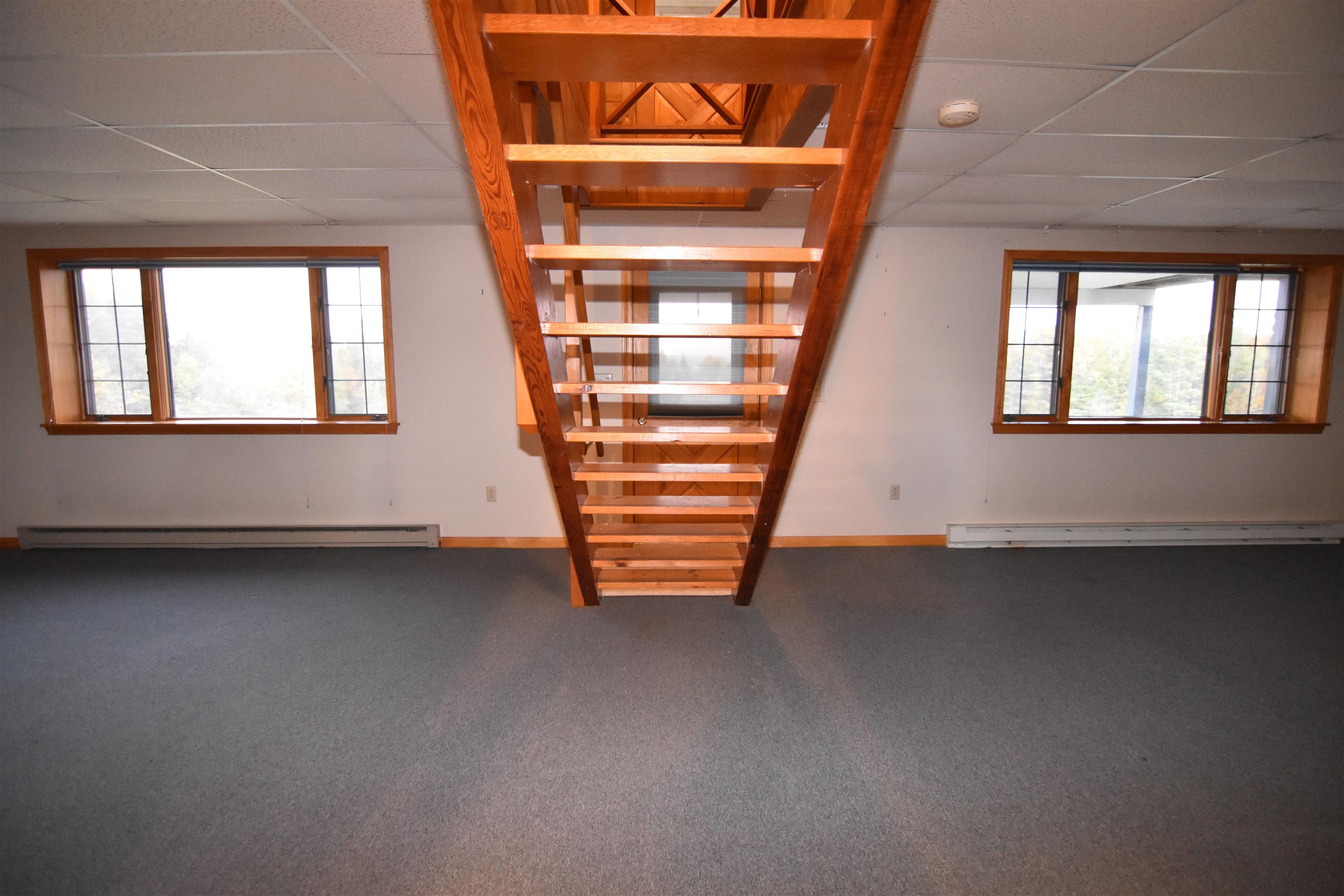Empty carpeted room with a central open-riser wooden staircase and two windows.