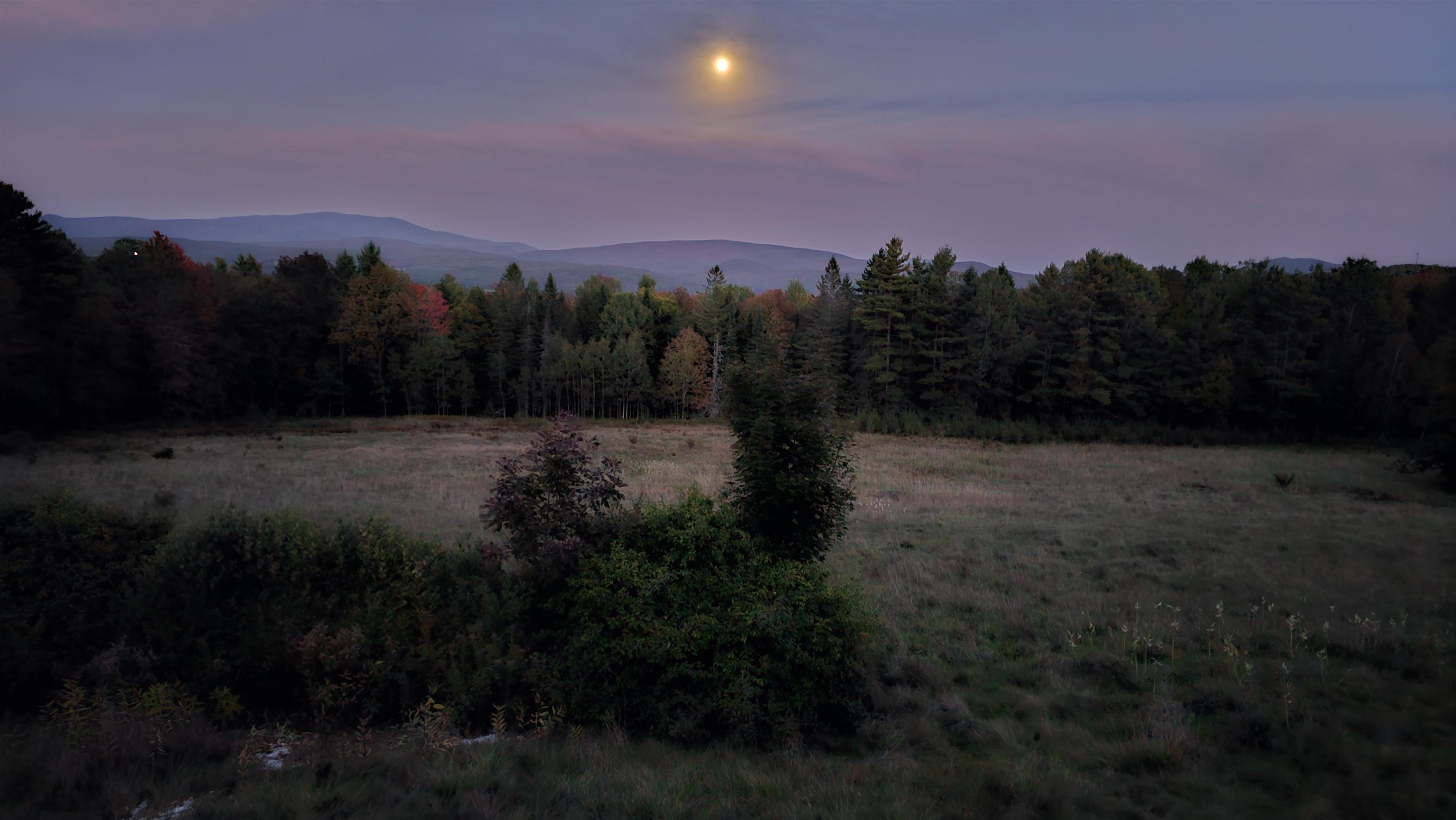 Grassy meadow and autumn woods overlook distant mountain ridges beneath a bright moon.