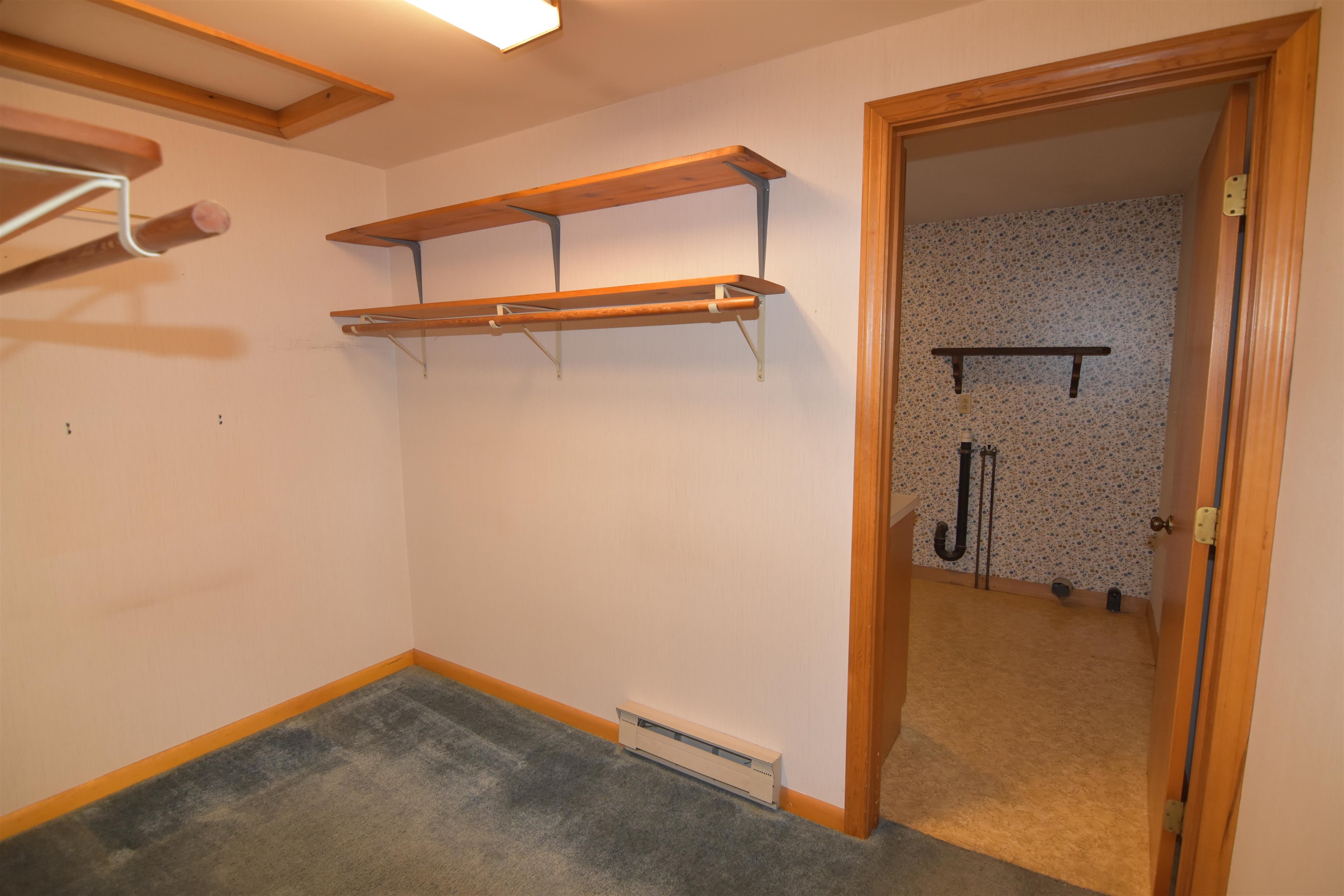 Carpeted closet with wooden shelves and hanging rods, opening into a utility room with exposed plumbing.