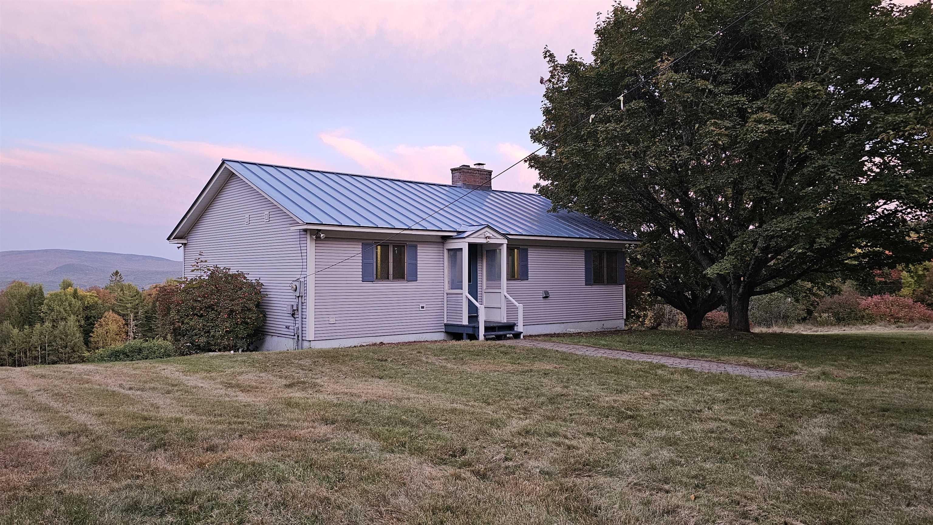Single-story home with a blue metal roof, front porch, and mountain ridge in the distance.