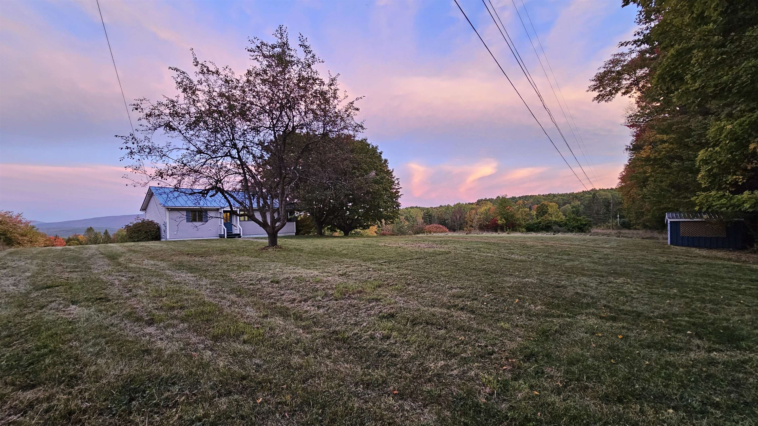 House with a blue metal roof beyond a broad lawn, framed by autumn trees at dusk.