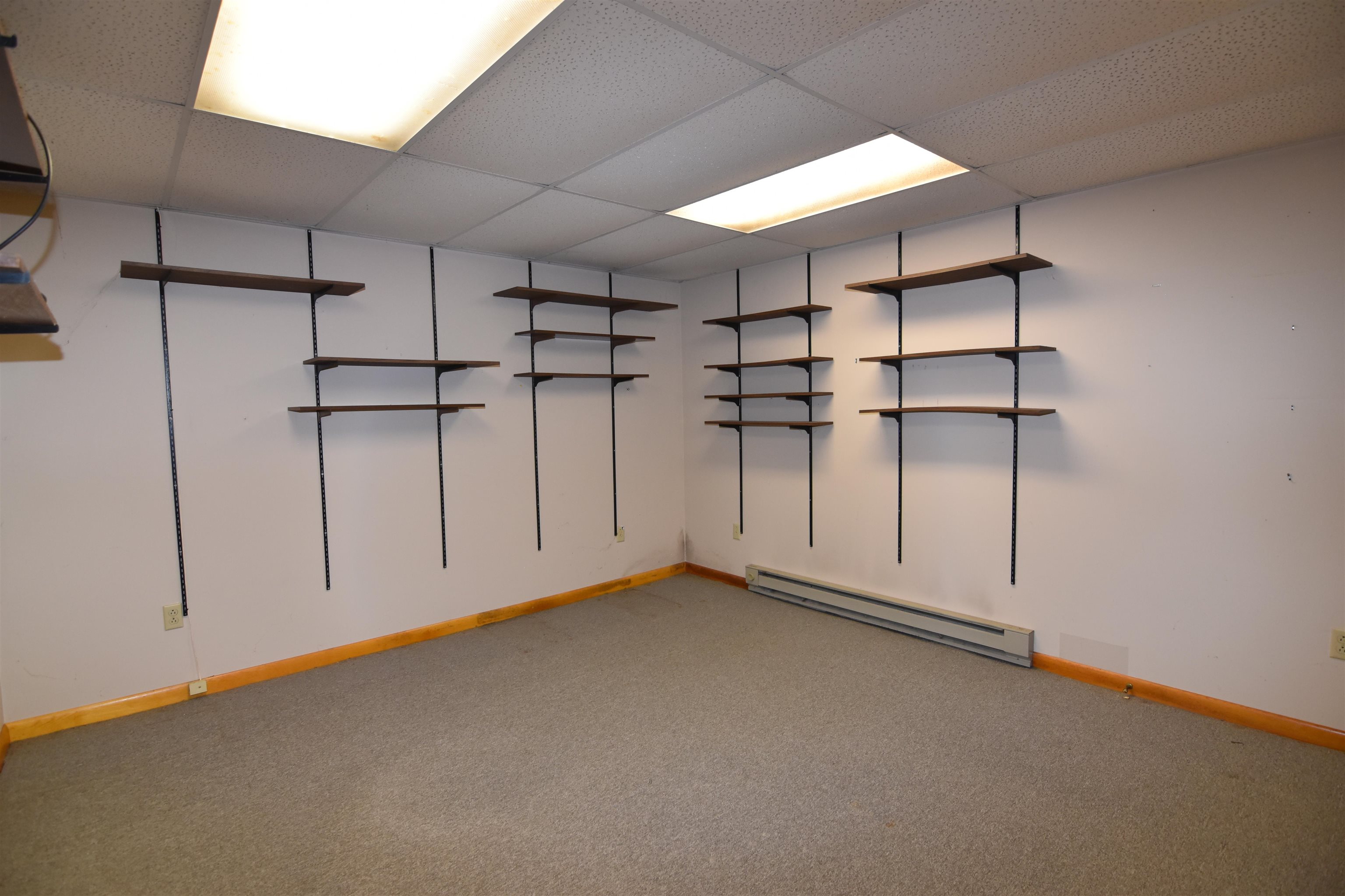 Empty carpeted room with wall-mounted shelving and a baseboard heater.
