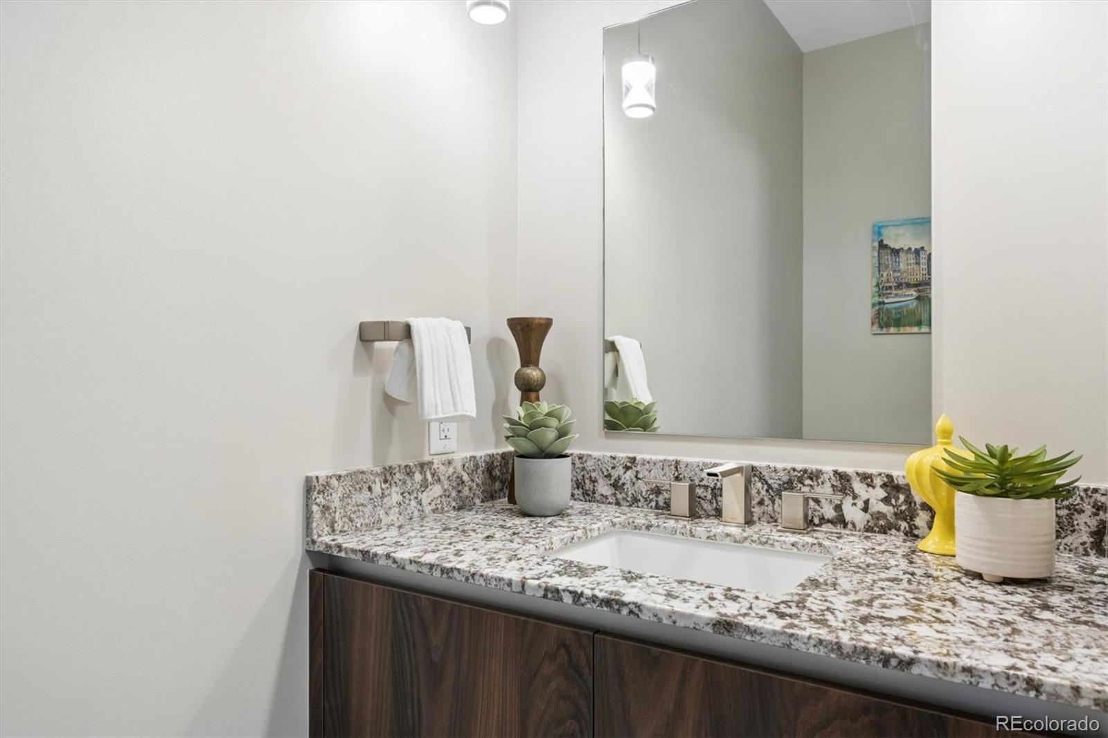 Bathroom vanity with a large mirror, granite countertop, dark wood cabinet, and potted plants.