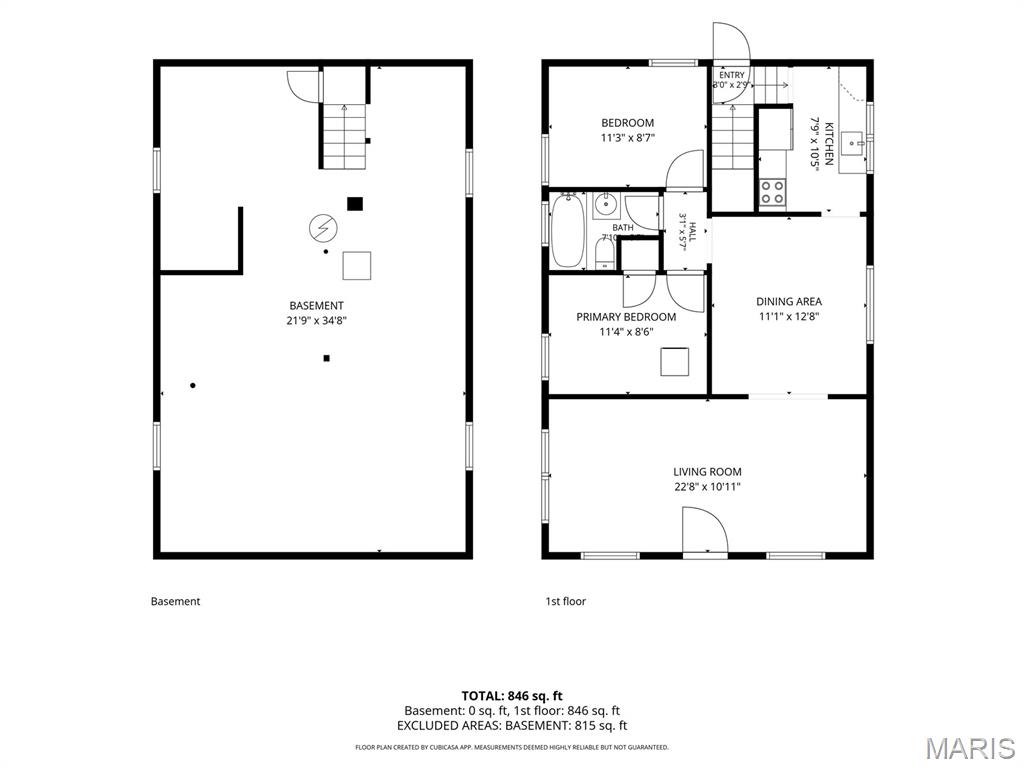 Floor plan showing the basement and first-floor layout, room names, dimensions, and total square footage.