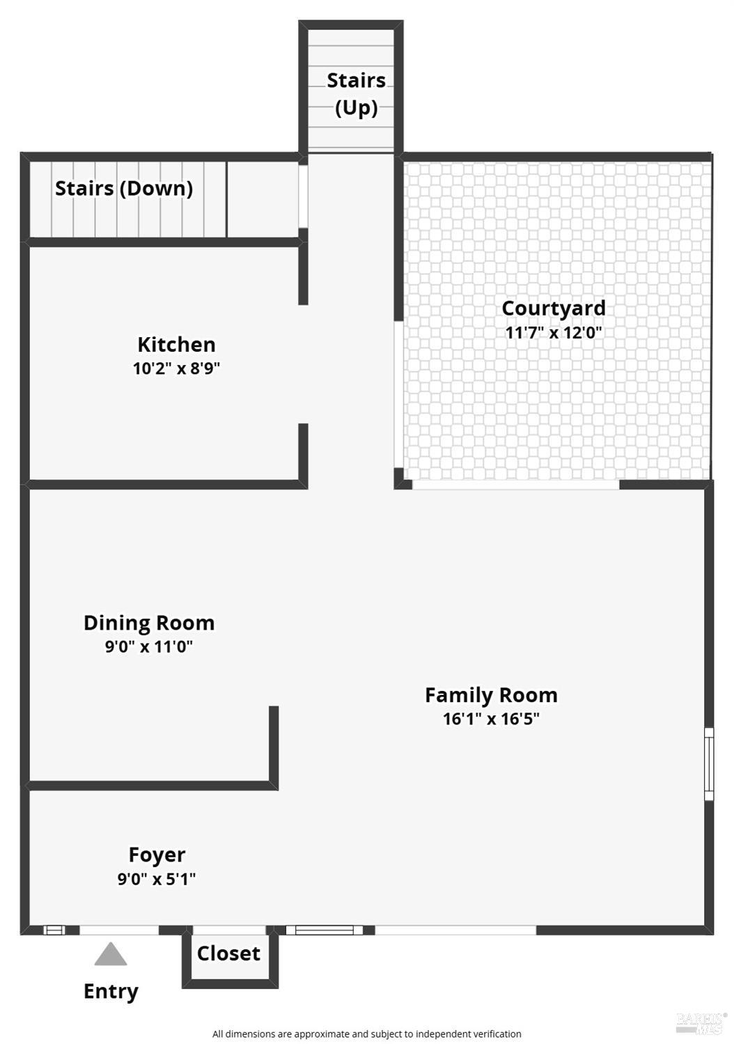 Floor plan with kitchen, courtyard, dining room, family room, foyer, closet, entry, and stairs.
