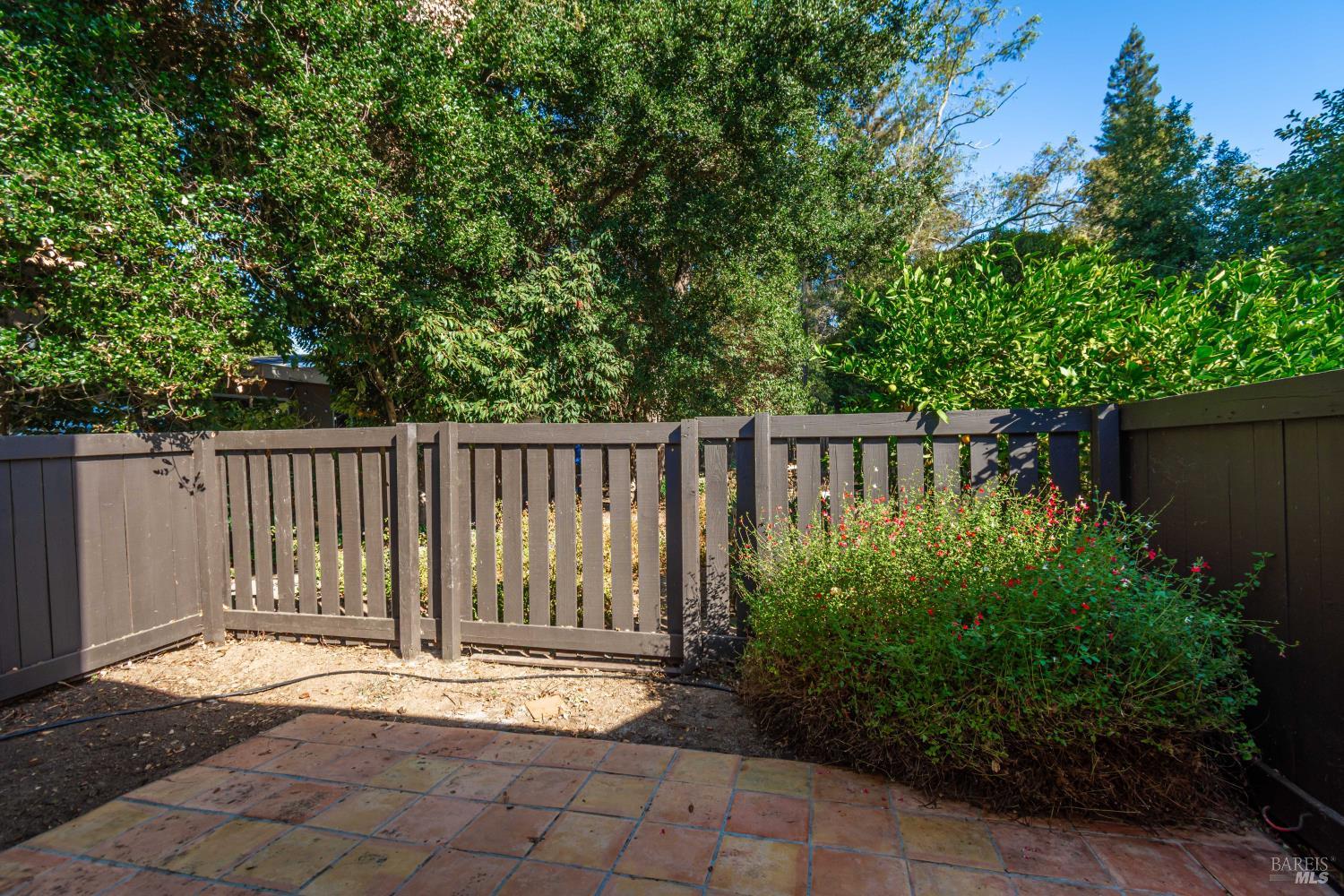 Tiled patio enclosed by a wooden fence, with dense trees and red-flowered shrubs.