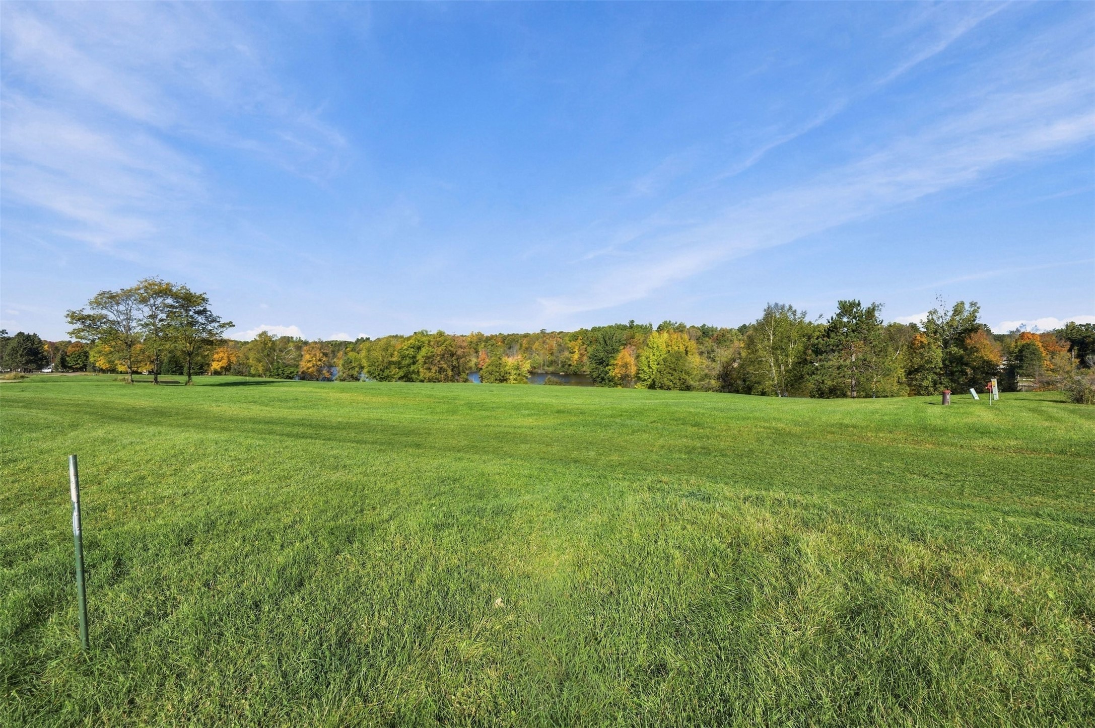 Grassy vacant lot with distant water and a colorful wooded tree line.