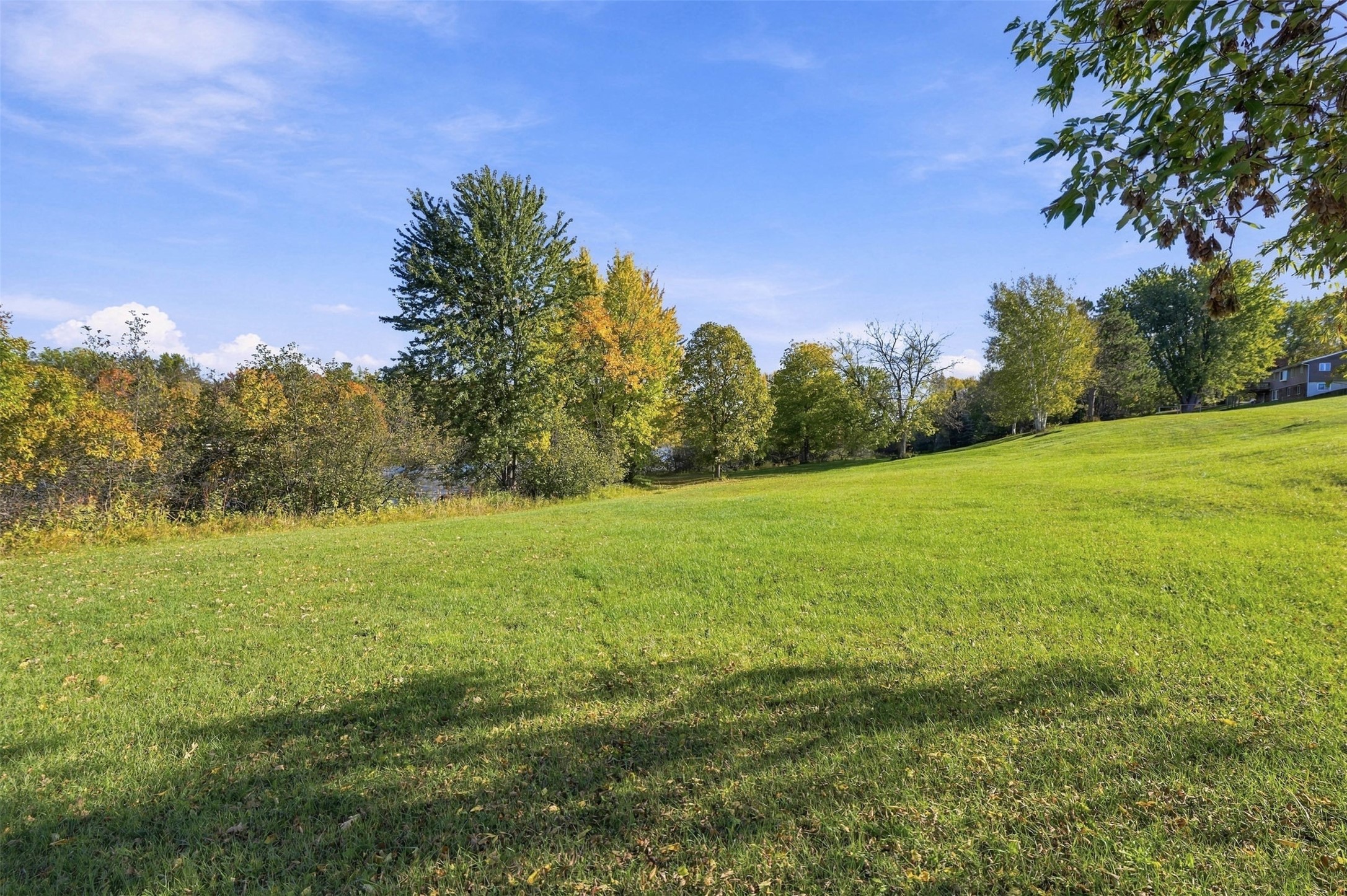 Grassy sloping lot bordered by autumn trees, with a glimpse of water and a neighboring building.