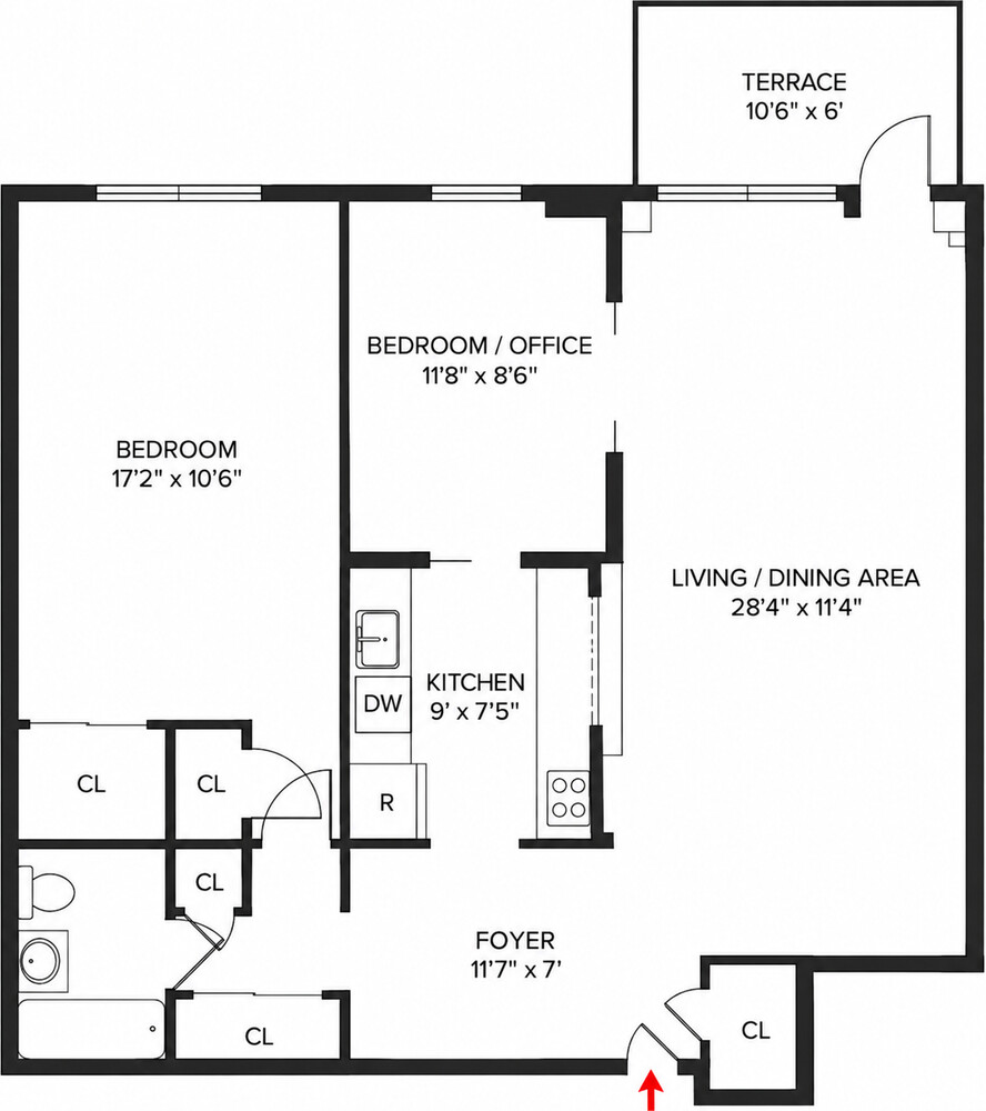 Floor plan showing two bedrooms, living and dining area, kitchen, bathroom, foyer, closets, and terrace.