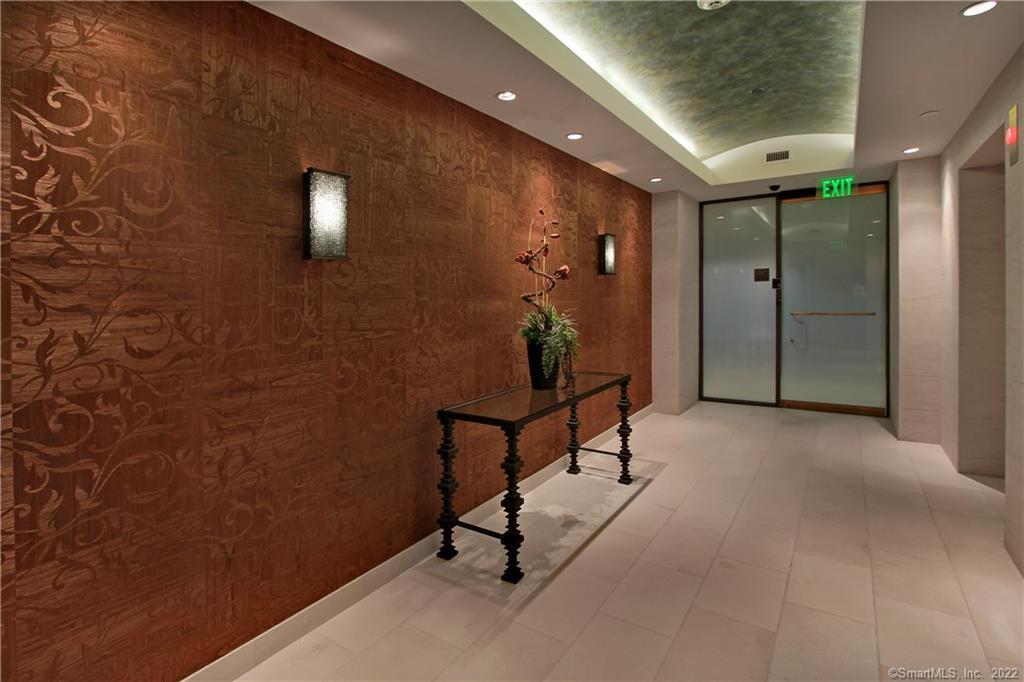 Interior hallway with a patterned wood wall, console table and frosted glass exit doors.