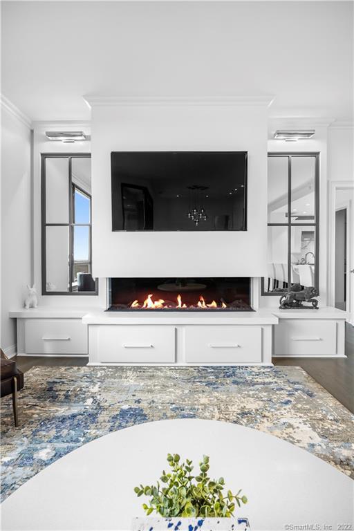 Living room with a white fireplace, wall-mounted television, tall windows, and blue-and-cream rug.