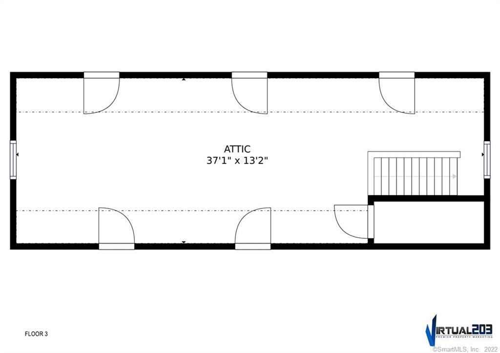 Third-floor attic plan measuring 37 feet 1 inch by 13 feet 2 inches, with a stairway.