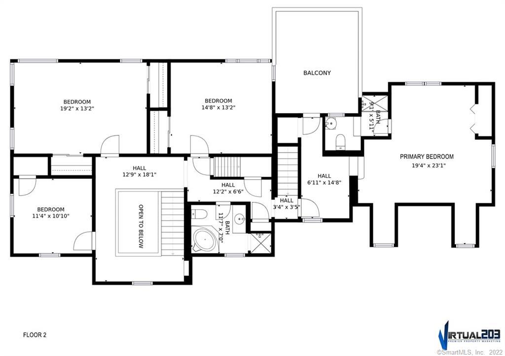 Second-floor plan with four bedrooms, two bathrooms, a balcony, and an open-to-below area.