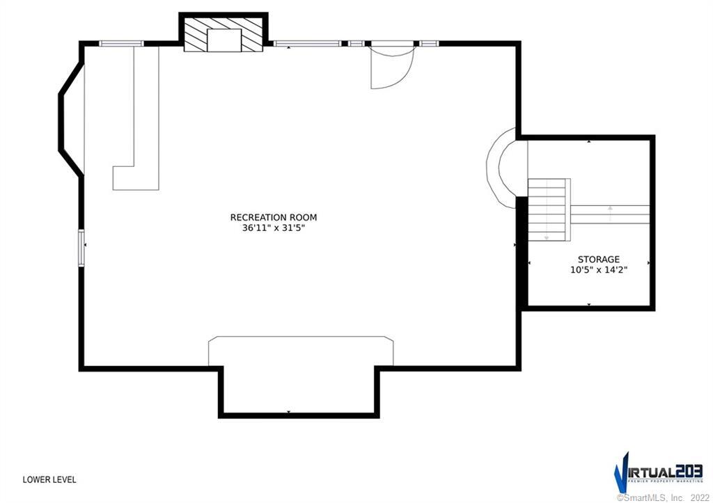 Lower-level floor plan showing a large recreation room and adjoining storage area.