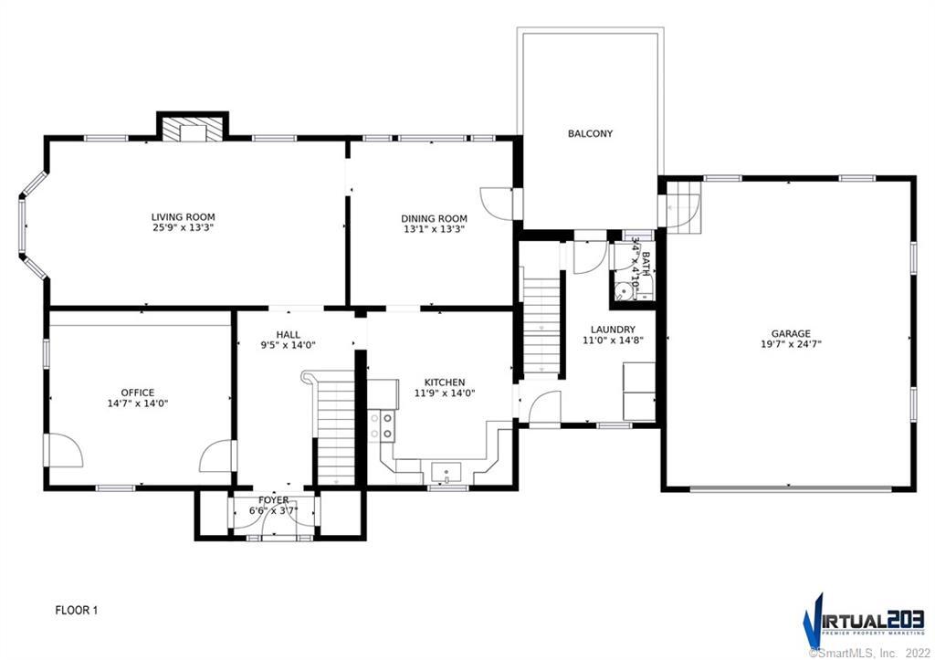 First-floor plan with labeled living and dining rooms, office, kitchen, laundry, garage, and balcony.