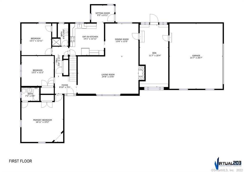 First-floor plan showing room layout and dimensions, including three bedrooms, a den, and an attached garage.