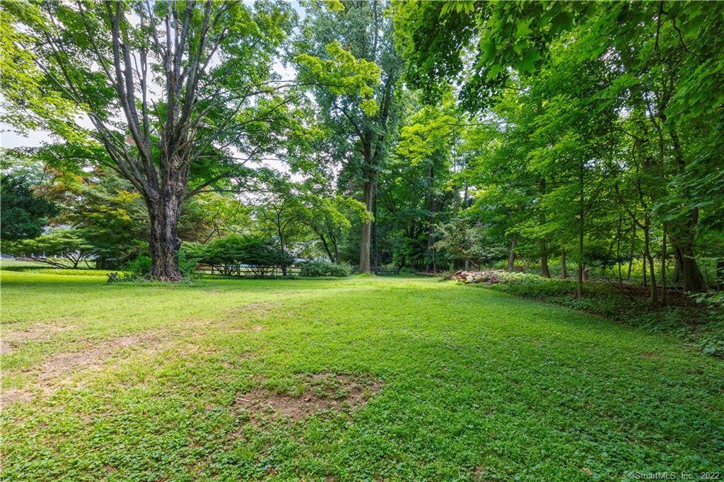 Grassy backyard bordered by mature trees, with a large shade tree and a small rock garden.
