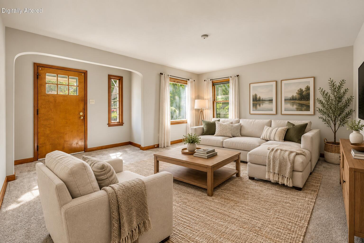 Staged living room with a cream sectional, wood coffee table, woven rug, and wood-trimmed windows.