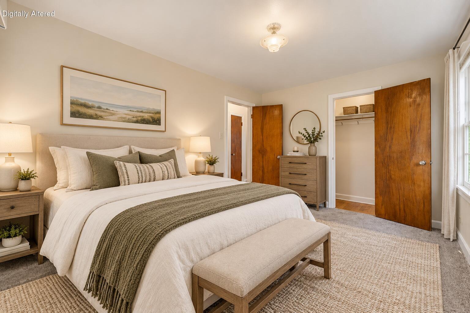 Staged bedroom with a large upholstered bed, olive bedding, warm wood closet doors, and a curtained window.
