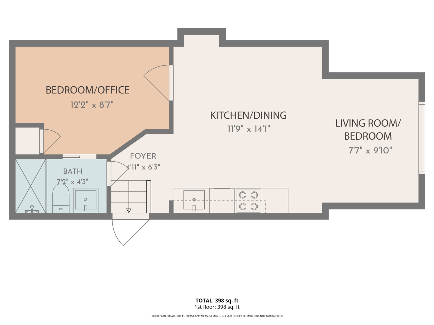 Floor plan of a 398-square-foot unit with a bedroom/office, kitchen/dining area, living room/bedroom, and bath.